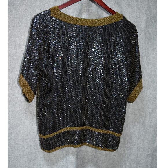 Tan-Chho Black & Gold Sequin Beaded Silk Top Size S - Picture 4 of 4